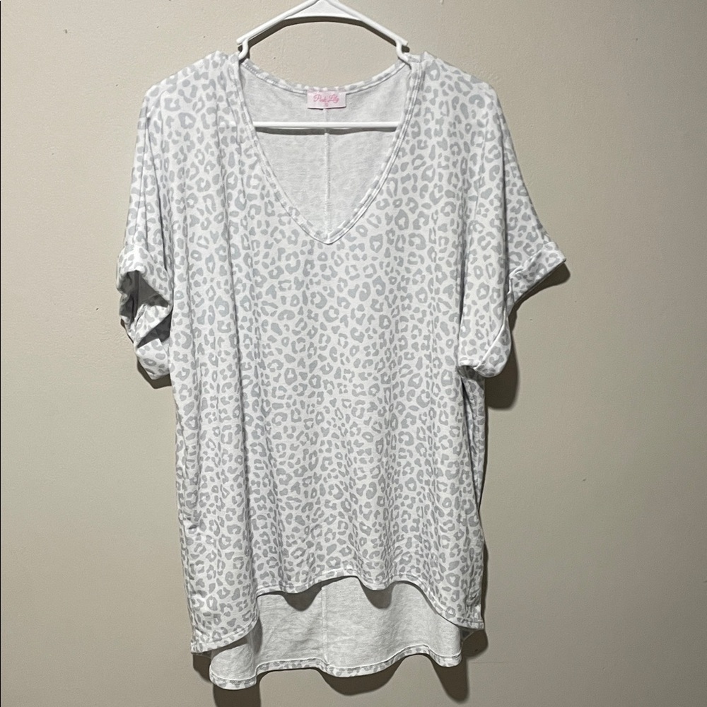 Pink Lily Light Gray Animal Print V-Neck Tee